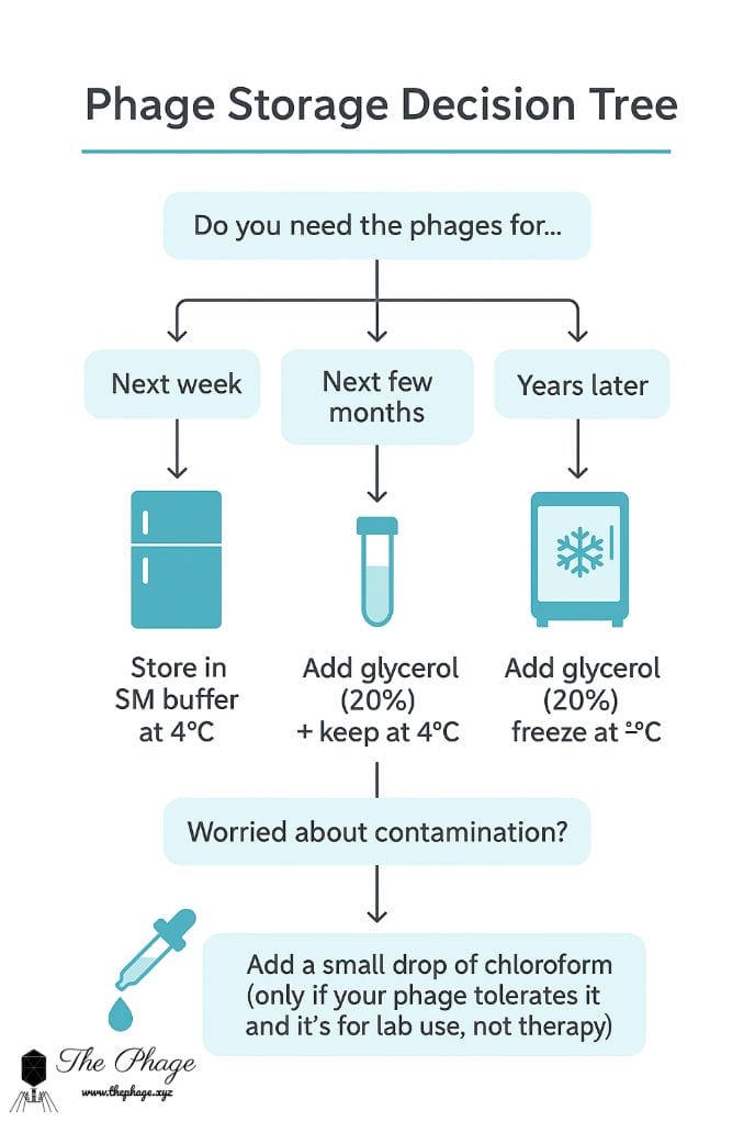 Phage storage decision making tree | The Phage Infographic showing different phage storage methods SM buffer at 4 °C glycerol for long term storage chloroform to prevent contamination clearing lysates before storage freezing at 80 °C or liquid nitrogen and lyophilization for dry storage